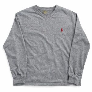 Ralph Lauren Gray Long Sleeve V-Neck T-Shirt with Red Logo